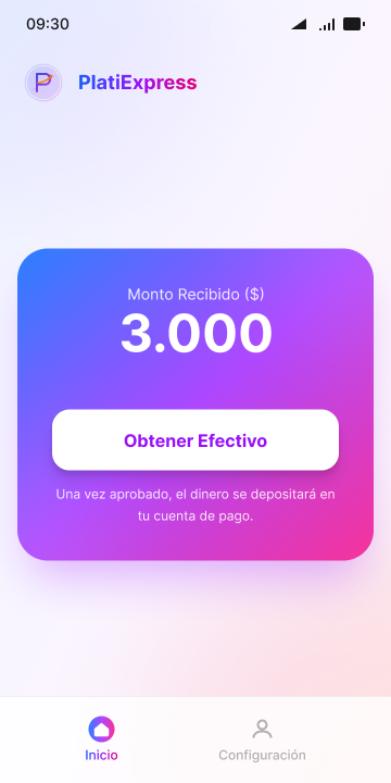 Pantalla de inicio de la aplicación PlatiExpress