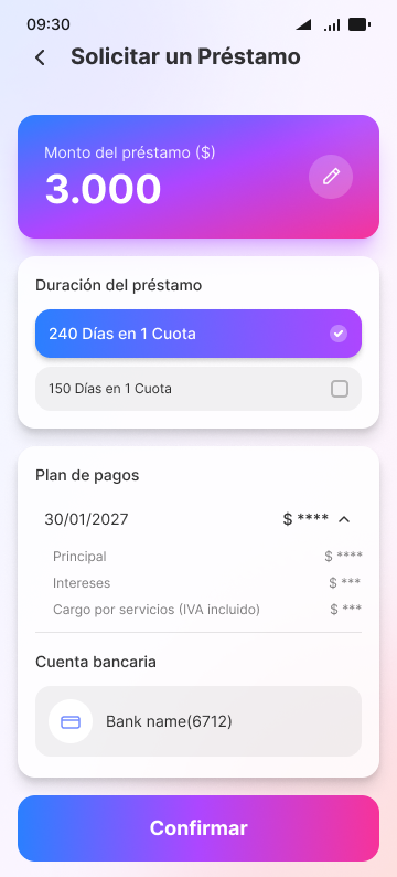 Pantalla de solicitud de préstamo en PlatiExpress